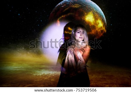  portrait of a girl,  planet, space