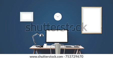 Computer display and office tools on desk. Desktop computer screen isolated. Modern creative workspace background. Front view.

