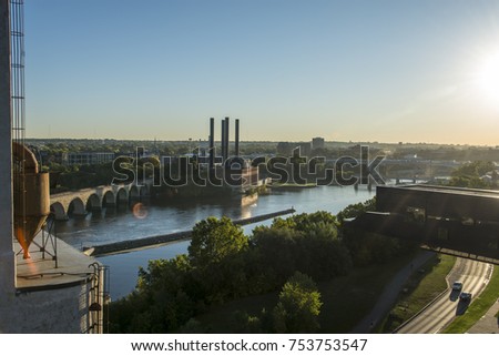 Bridges on Mississippi river in downtown Minneapolis, Minnesota, USA