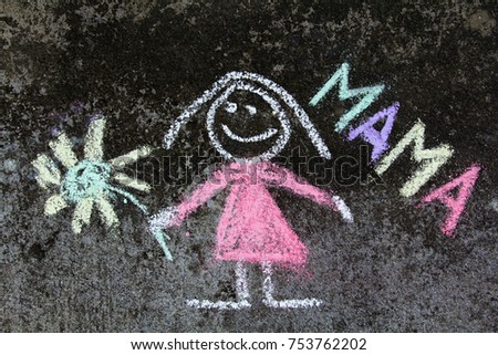 chalk drawing on asphalt: Cute mother portrait and word MAMA
