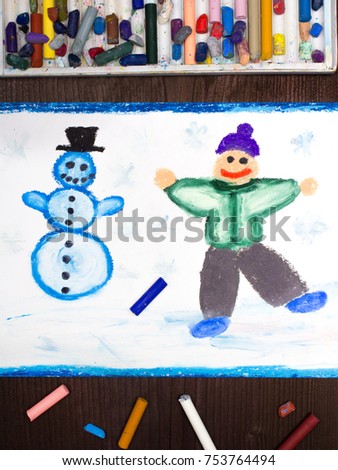 Colorful drawing; Happy boy making a snowman. Winter recreations. 