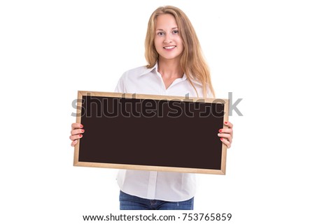 Beautiful caucasian woman in white shirt and holding blank blackboard. Studio shooting isolated on white background