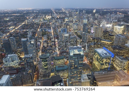 High angle view over the downtown of Toronto at night. Province of Ontario, Canada