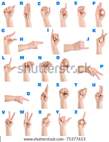 Hand sign language alphabet isolated on white