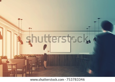 Business people in a odern cafe interior with white and dark wooden walls, a wooden floor, gray sofas near the tables and a framed horizontal poster. 3d rendering mock up double exposure toned image Royalty-Free Stock Photo #753783346