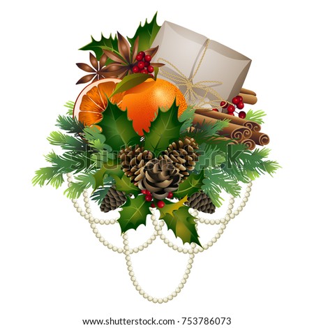 Christmas design with traditional treats, holly, gift boxes and fir branches. Vector card