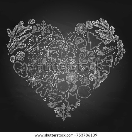 Christmas design with traditional treats, holly and fir branches in the shape of heart. Vector card isolated on the chalkboard