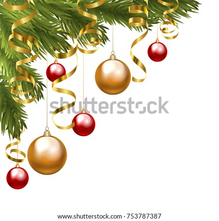 Christmas tree corner border with baubles and golden serpentine streamers isolated on white