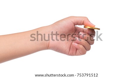 hand holding chocolate gold coin and bar isolated on white background