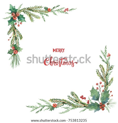Watercolor Christmas frame with fir branches and place for text. Illustration for greeting cards and invitations isolated on white background.