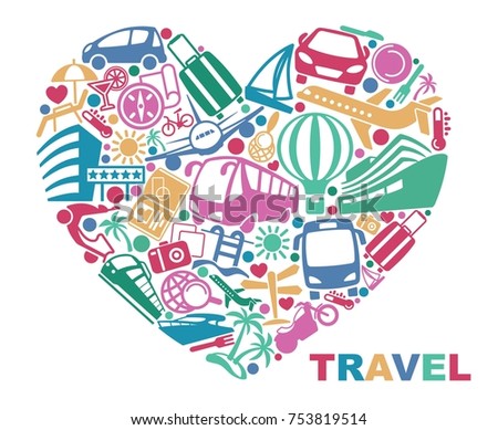 Symbols of tourism and travel in the form of heart. Vector illustration