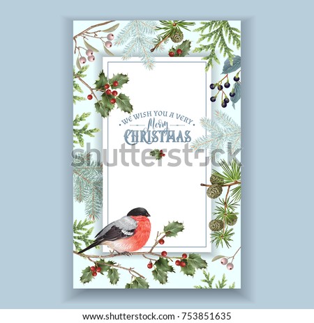 Vector vintage Christmas frame with forest branches and bullfinch. Detailed winter design for Christmas greeting card, party invitation, holiday sales. Can be used for poster, web page, packaging