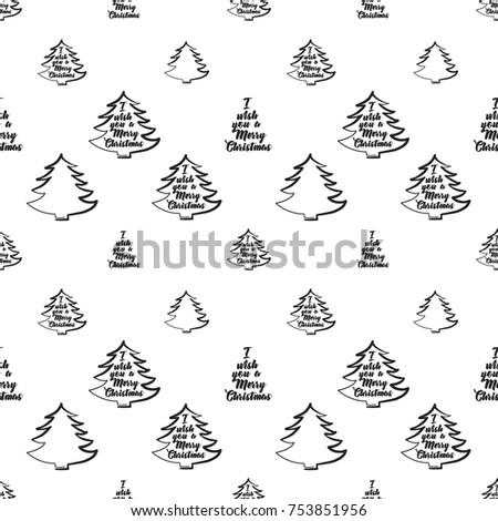 Vector xmas trees frame with greeting seamless pattern. Merry Christmas and happy new year greeting card backdrop design. Retro hand drawn flat art on white background.