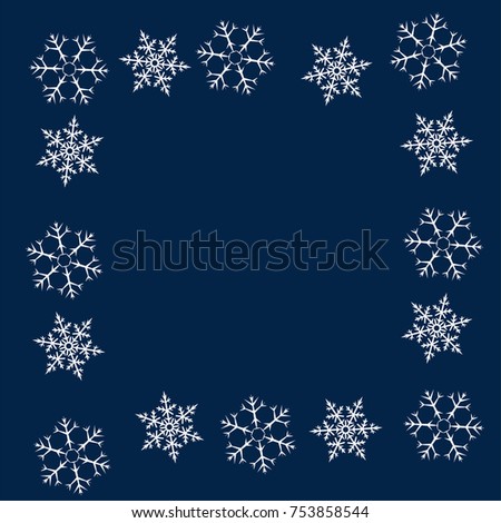 frame of snowflakes. Christmas background. To design posters, postcards, greeting, invitation for the new year. Vector illustration.