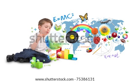 A young boy is sitting on a white isolated background blowing bubbles of science, nature, math and art. Use it for an education or creative concept. Royalty-Free Stock Photo #75386131