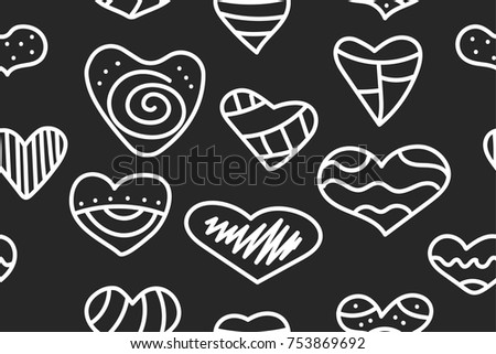 Seamless hipster black and white pattern with doodle hearts. Abstract background to valentines day - set hand drawn hearts. Vector stok