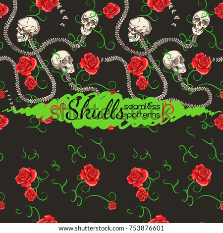 Skull and spine. Interlacing. Roses and lianas. Seamless pattern.