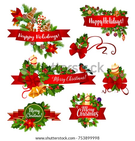 Christmas holiday garland ribbon banner set with greeting wishes. Xmas tree and holly berry wreath with Santa bell, New Year ball and candle, candy, cookie and poinsettia for winter holiday design