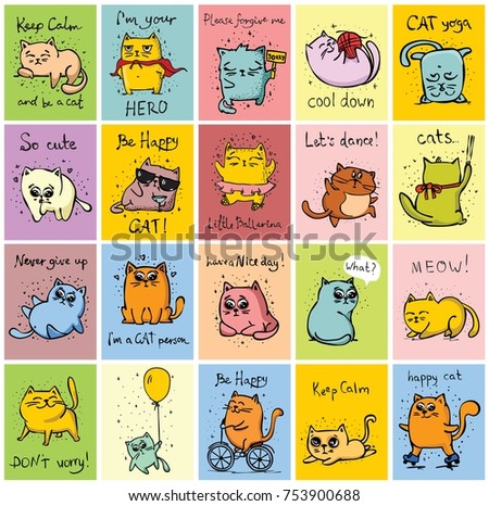 Big set of vector cards with cute funny cats and hand drawn text