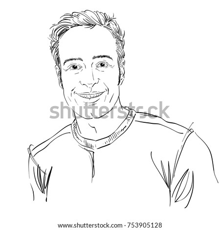 Vector art drawing, portrait of smiling jolly guy isolated on white. Facial expressions, people positive emotions. Happy male portrait.