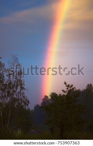 Double rainbow over forest, primary rainbow or second-order rainbow, bright picture and coloure palette. Atmospheric phenomenon