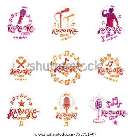 Collection of vector design elements which can be best used for karaoke theme emblems and posters composition. Leisure and relaxation lifestyle presentation, carnival concept.