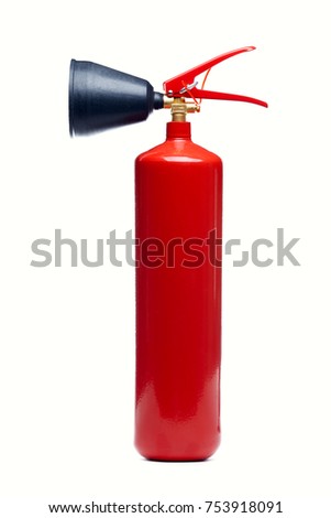 Image of red fire extinguisher on empty white background