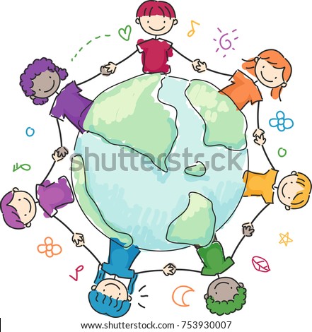 Illustration of Stickman Kids Around the Globe Holding Hands and Wearing Rainbow Shirts