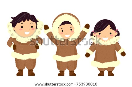 Illustration of Stickman Kids Eskimo Wearing Brown Furry Winter Clothes Royalty-Free Stock Photo #753930010