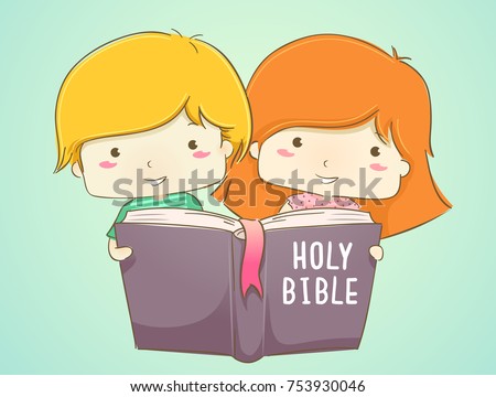 Illustration of Kids Holding an Open Bible Book