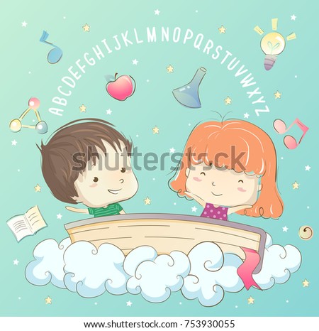 Illustration of Kids in the Clouds with a Book, the Alphabet and different Education Elements