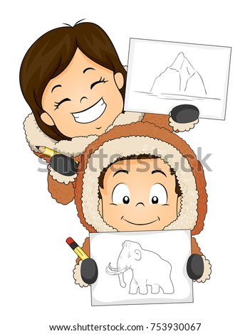 Illustration of Eskimo Kids Holding their Pencils and Showing Their Drawings of an Iceberg and a Mammoth
