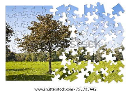 Isolated tree in a green meadow - environmental conservation concept image in jigsaw puzzle shape Royalty-Free Stock Photo #753933442