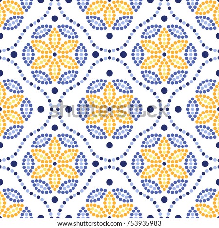 Traditional Portugal azulejos inspired seamless pattern for wall and floor home ceramic design. Dotted blue, yellow and orange print of beads in trellis and mosaic flowers.  Vector Illustration. Royalty-Free Stock Photo #753935983