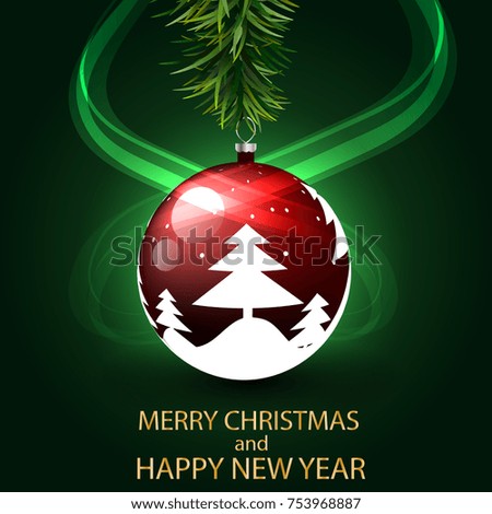 Red Christmas ball on fir branch greeting card. Vector illustration.