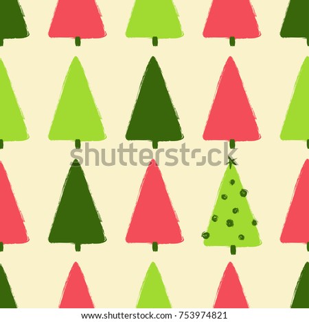 Colorful funny Christmas seamless pattern with trees. Hand drawn grunge brush forest background. 