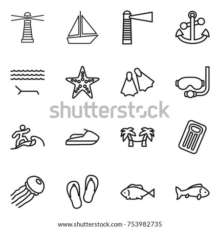 thin line icon set : lighthouse, boat, anchor, lounger, starfish, flippers, diving mask, surfer, jet ski, palm hammock, inflatable mattress, jellyfish, flip flops, fish