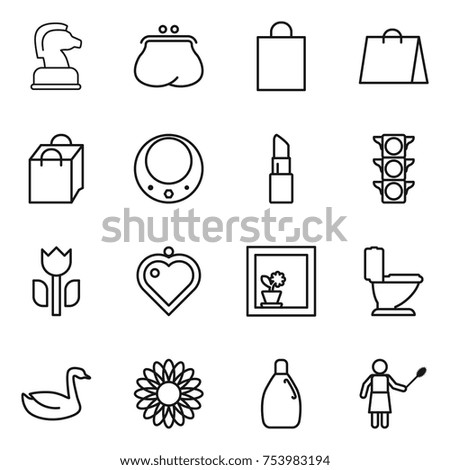 thin line icon set : chess horse, purse, shopping bag, necklace, lipstick, traffic light, perishable, heart pendant, flower in window, toilet, goose, cleanser, woman with duster