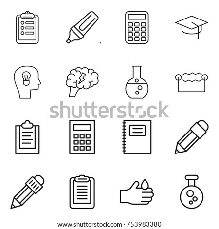 thin line icon set : clipboard, marker, calculator, graduate hat, bulb head, brain, round flask, electrostatic, copybook, pencil, acid, chemical