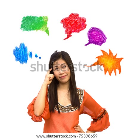 Beautiful girl with bright thought bubbles on white background.
