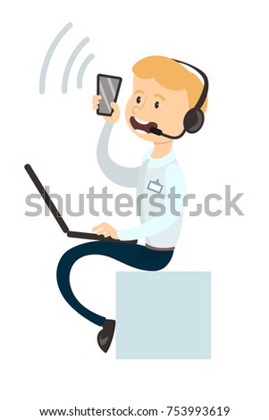 Isolated call agent with headset and laptop on white.