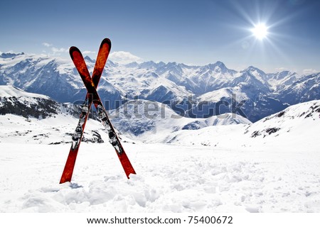 Pair of cross skis in snow Royalty-Free Stock Photo #75400672