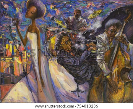  classical jazz, jazz club, oil painting, artist Roman Nogin,looking for partnerships with artdillers series "Sounds of Jazz."sale original - contact facebook Royalty-Free Stock Photo #754013236
