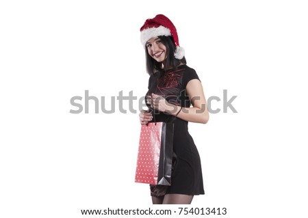 beautiful girl cap santa claus package office isolated
