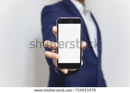 Business man holding phone show screen isolated application statistics income finance of company help check money