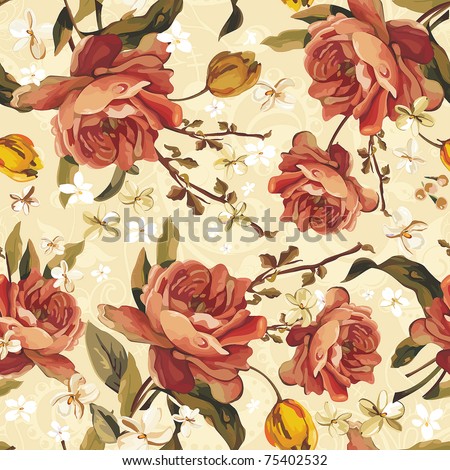 Vintage Floral Seamless vector pattern of the Beautiful Roses. Stylish ornamental illustration texture.