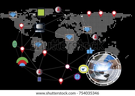 business technology concept,Business people hands use smart phone connection online networking communication on table with social network icon symbo