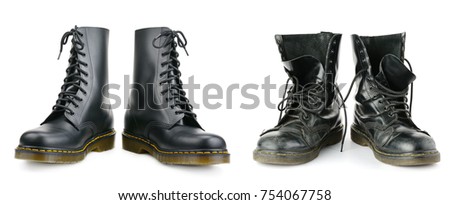 One and the same pair of black men's boots. New and worn out. Isolated on white background.