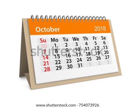 Monthly table calendar for October 2018. 3d illustration