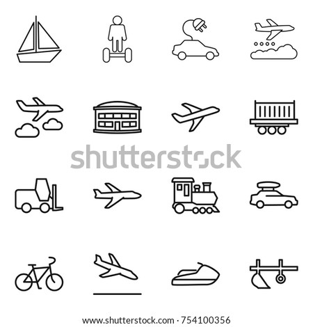thin line icon set : boat, hoverboard, electric car, weather management, journey, airport building, plane, truck shipping, fork loader, train, baggage, bike, arrival, jet ski, plow